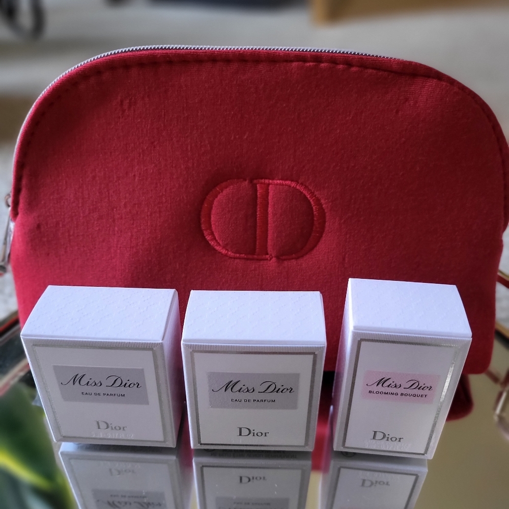 Dior Red Makeup pouch bag with 2 mini Miss Dior & 1 Blooming Bouquet mini